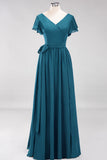 Burgundy V-Neck Long Bridesmaid Dress With Short-Sleeves