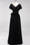 Burgundy V-Neck Long Bridesmaid Dress With Short-Sleeves
