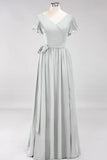 Burgundy V-Neck Long Bridesmaid Dress With Short-Sleeves