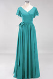 Burgundy V-Neck Long Bridesmaid Dress With Short-Sleeves