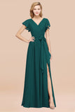 Burgundy V-Neck Long Bridesmaid Dress With Short-Sleeves