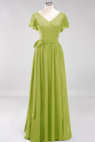 Burgundy V-Neck Long Bridesmaid Dress With Short-Sleeves