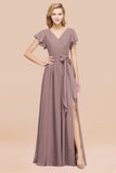 Burgundy V-Neck Long Bridesmaid Dress With Short-Sleeves