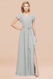 Burgundy V-Neck Long Bridesmaid Dress With Short-Sleeves