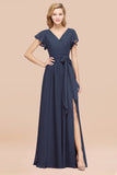 Burgundy V-Neck Long Bridesmaid Dress With Short-Sleeves