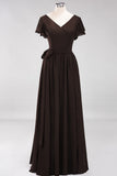 Burgundy V-Neck Long Bridesmaid Dress With Short-Sleeves