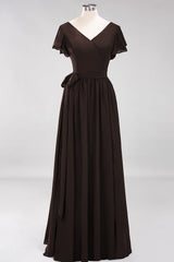 Burgundy V-Neck Long Bridesmaid Dress With Short-Sleeves