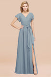 Burgundy V-Neck Long Bridesmaid Dress With Short-Sleeves