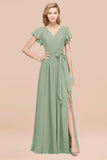 Burgundy V-Neck Long Bridesmaid Dress With Short-Sleeves