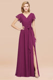 Burgundy V-Neck Long Bridesmaid Dress With Short-Sleeves