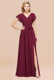 Burgundy V-Neck Long Bridesmaid Dress With Short-Sleeves