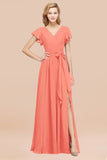 Burgundy V-Neck Long Bridesmaid Dress With Short-Sleeves