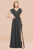 Burgundy V-Neck Long Bridesmaid Dress With Short-Sleeves