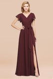 Burgundy V-Neck Long Bridesmaid Dress With Short-Sleeves