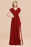 Burgundy V-Neck Long Bridesmaid Dress With Short-Sleeves