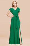 Burgundy V-Neck Long Bridesmaid Dress With Short-Sleeves