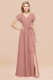 Burgundy V-Neck Long Bridesmaid Dress With Short-Sleeves