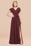 Burgundy V-Neck Long Bridesmaid Dress With Short-Sleeves