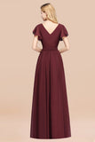 Burgundy V-Neck Long Bridesmaid Dress With Short-Sleeves