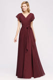 Burgundy V-Neck Long Bridesmaid Dress With Short-Sleeves