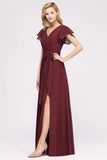 Burgundy V-Neck Long Bridesmaid Dress With Short-Sleeves