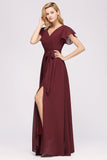 Burgundy V-Neck Long Bridesmaid Dress With Short-Sleeves