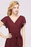 Burgundy V-Neck Long Bridesmaid Dress With Short-Sleeves