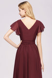 Burgundy V-Neck Long Bridesmaid Dress With Short-Sleeves