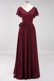 Burgundy V-Neck Long Bridesmaid Dress With Short-Sleeves