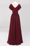 Burgundy V-Neck Long Bridesmaid Dress With Short-Sleeves