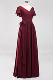 Burgundy V-Neck Long Bridesmaid Dress With Short-Sleeves
