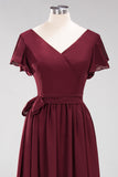 Burgundy V-Neck Long Bridesmaid Dress With Short-Sleeves