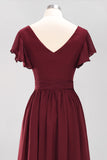 Burgundy V-Neck Long Bridesmaid Dress With Short-Sleeves