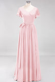 Burgundy V-Neck Long Bridesmaid Dress With Short-Sleeves