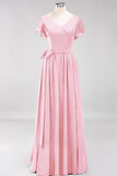 Burgundy V-Neck Long Bridesmaid Dress With Short-Sleeves
