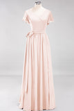 Burgundy V-Neck Long Bridesmaid Dress With Short-Sleeves