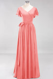 Burgundy V-Neck Long Bridesmaid Dress With Short-Sleeves