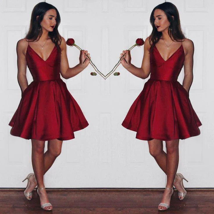 Burgundy V-Neck Short Homecoming Dress Sleeveless