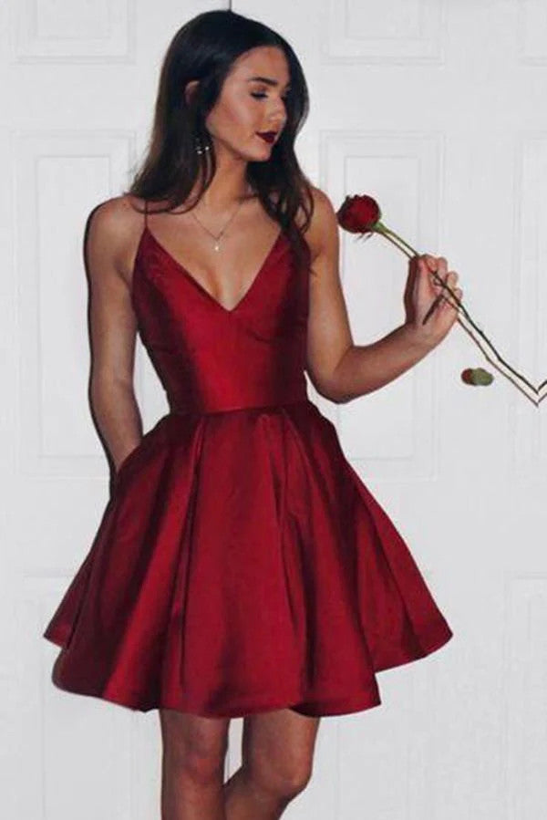 Burgundy V-Neck Short Homecoming Dress Sleeveless