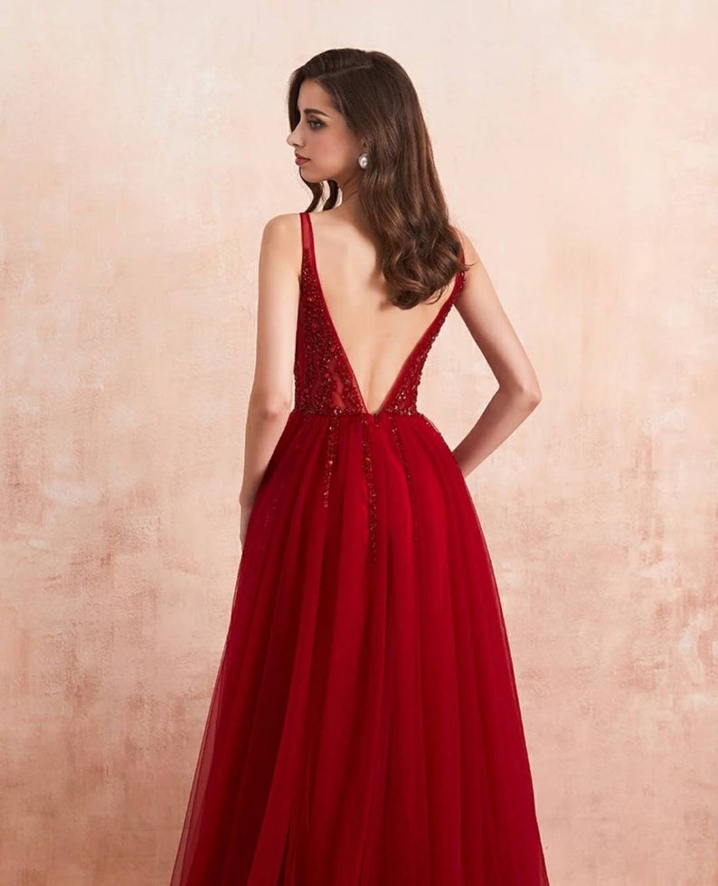Burgundy V-Neck Sleeveless Long Evening Dress With Split Lace Applique Newinlook Burgundy V-Neck Sleeveless Long Evening Dress With Split Lace Applique Newinlook