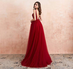 Burgundy V-Neck Sleeveless Long Evening Dress With Split Lace Appliques