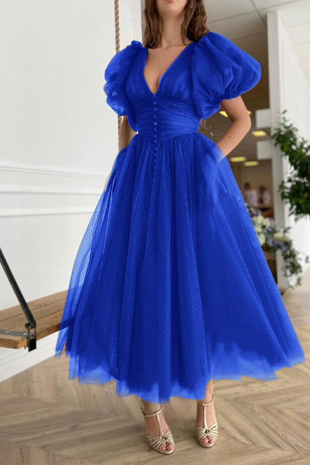 Newinlook Dark Green Evening Dress A-Line With Short Sleeves V-Neck