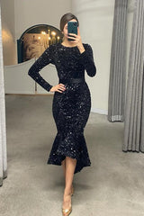 Stunning Black Mermaid Sequins Long Sleeves Formal Dress Online With Belt