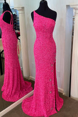 Sparkle Black Sequins One Shoulder Sleeveless Mermaid Formal Dress With Split