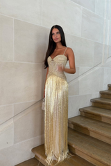 Spaghetti straps Sleeveless Long Formal Dress With Beading Tassel