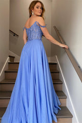Newinlook Blue Sweetheart Off-The-Shoulder Split Tulle Evening Dress With Appliques