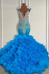 Elegant Ocean Blue Mermaid Tulle Ruffle Formal Dresses Long With Beads