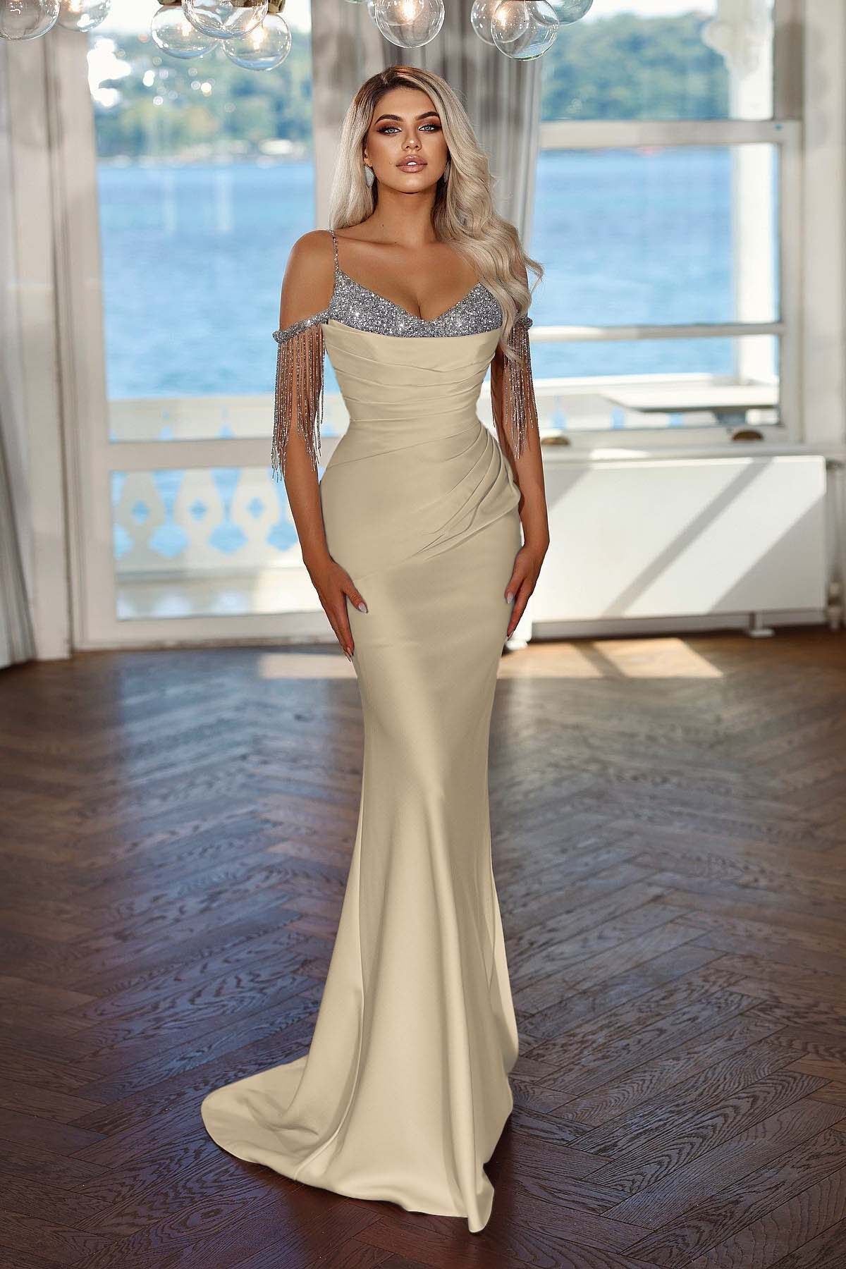 Spaghetti Strap Sleeveless Long Mermaid Formal Dress With Sequins