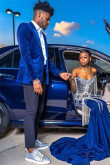 Newinlook Royal Blue Velvet Blazer for Men's Wedding, 2 Pieces with Chic Peaked Lapel