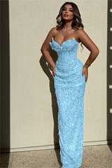 Chic Sequins Strapless Sleeveless High Waist Long Formal Dress With Beadings